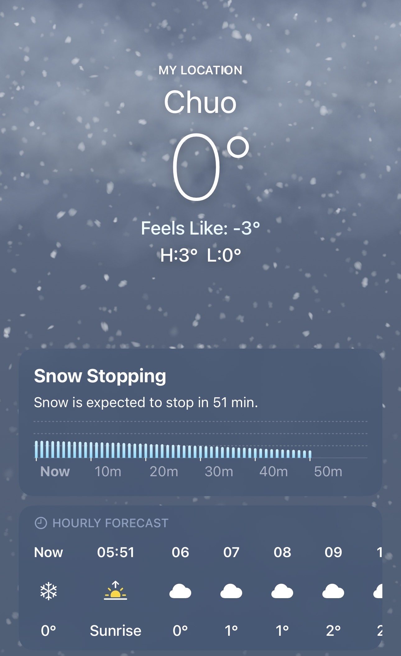 Weather app showing snowfall in Sapporo early morning