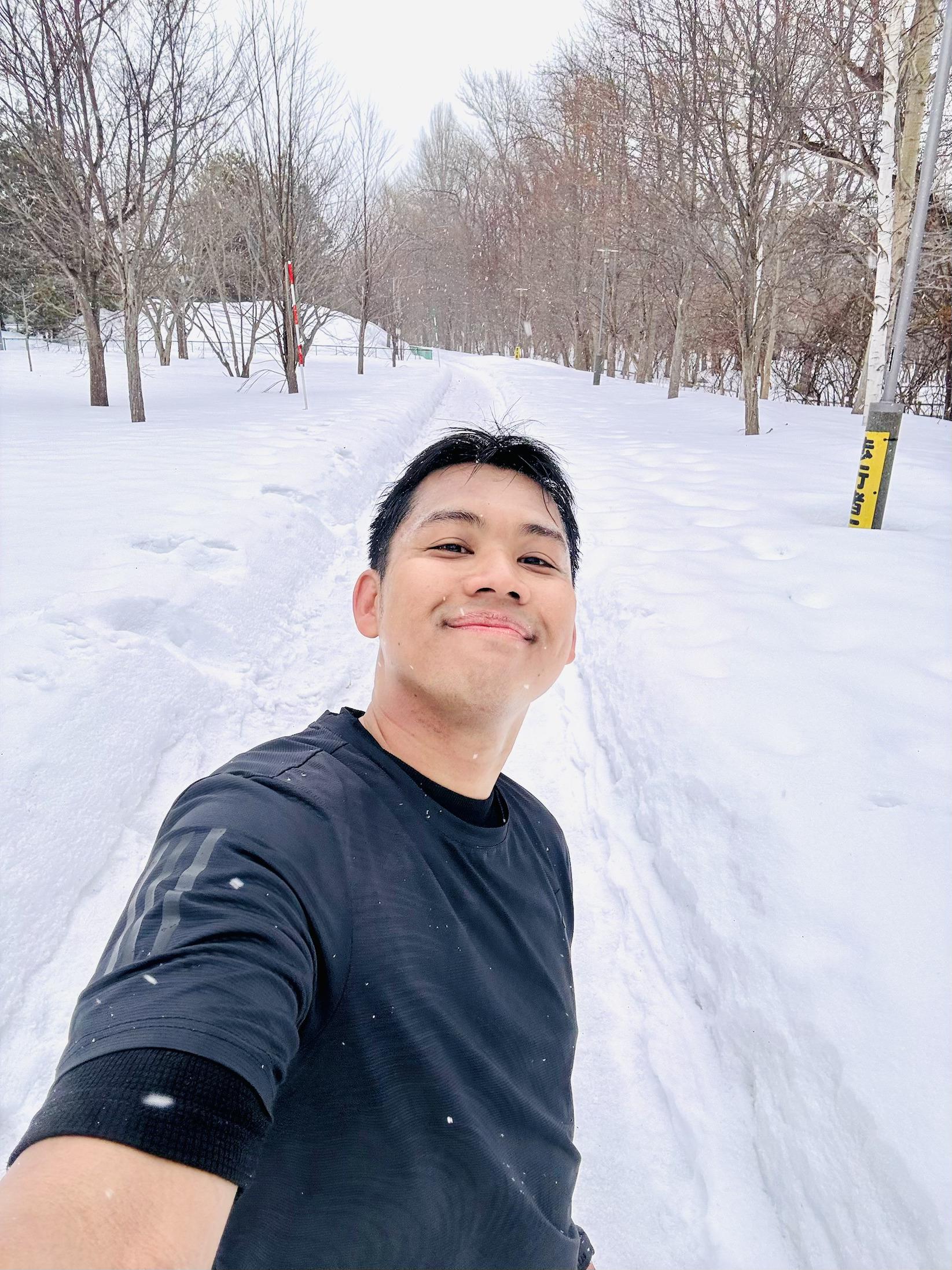 Selfie during snowy city run in Hokkaido
