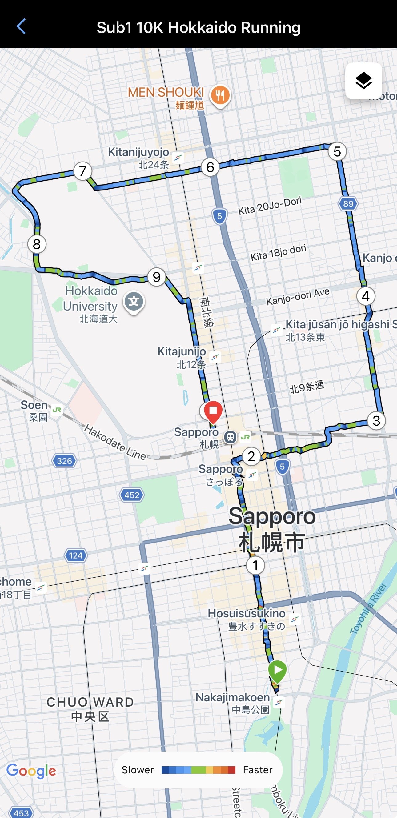 Google Maps terrain route of the Hokkaido city run