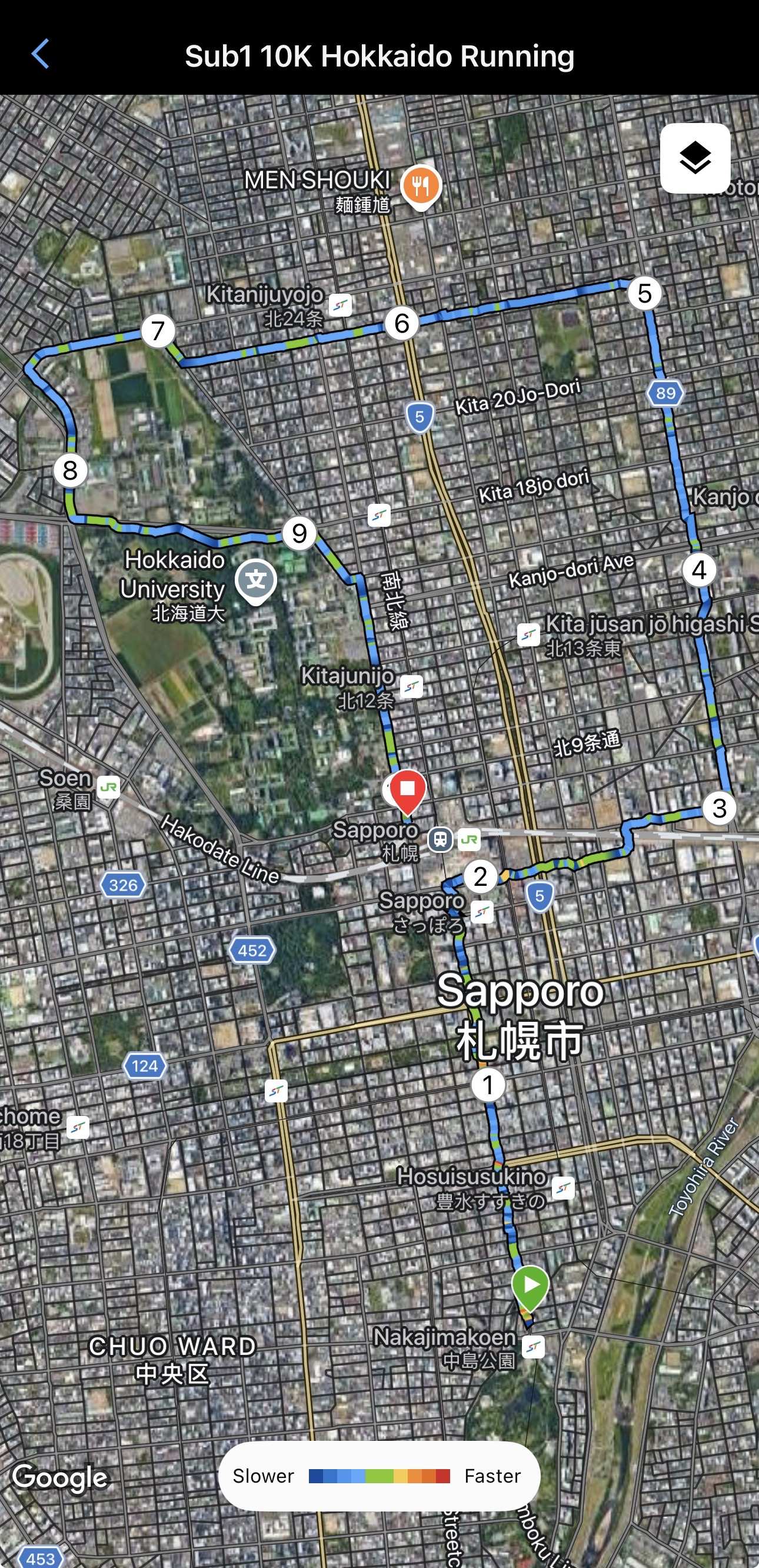 Satellite map of the Hokkaido city run route