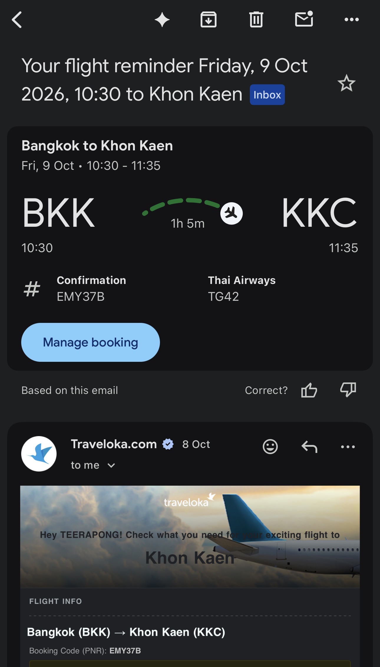 Flight reminder BKK to KKC
